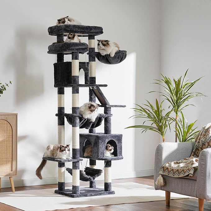 Heybly Cat Tree, 71-Inch-Tall Tower for Indoor Cats with 2 Perches, 2 Big Condos, 2 Hammocks, Basket, Scratching Pad, Large Cat Furniture and Condo, Smoky Gray HCT034G