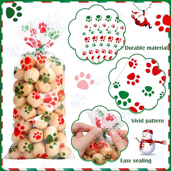Blulu 100 Pieces Dog Treat Bags Puppy Party Favor Pet Paw Cone Cellophane Bags Candy Heat SealableDog Paw Gift with 100 Pieces Silver Twist Ties for Pet Cat Treat Party Favor(Red and Green)