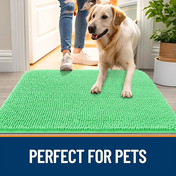 OLANLY Dog Door Mat for Muddy Paws 30x20, Absorbs Moisture and Dirt, Absorbent Non-Slip Washable Doormat, Quick Dry Chenille Mud Mat for Dogs, Entry Indoor Entryway Carpet for Inside Floor, Mint Green