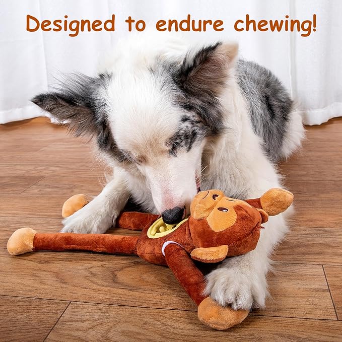 Hollypet Squeaky Plush Stuffed Dog Puzzle Toy with Slow Feeder Bowl, Interactive Chew Toy for Small and Medium Dogs, Tug of War Dog Toys, Monkey