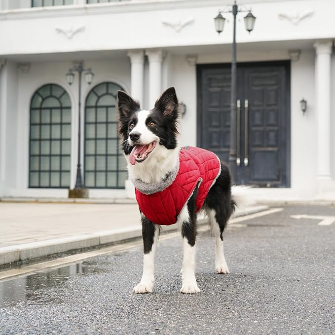 Warm Fleece Dog Coats with Durable Harness Buitl in D-Ring,Waterproof Doggie Jacket for Large Dogs,Dog Vest for Cold Winter,Red XXXL
