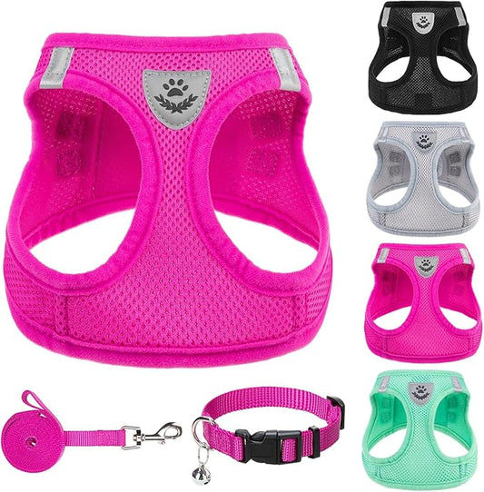 PUPTECK Adjustable Dog Harness Collar and Leash Set Step in No Pull Pet Harness for Small Medium Dogs Puppy and Cats Outdoor Walking Running, Soft Mesh Padded Reflective Vest Harnesses, Solid Pink L