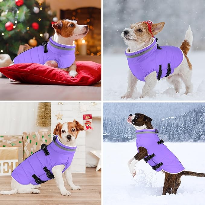 Dogcheer Dog Coat with Harness, Waterproof Dog Jacket Adjustable Winter Coat with Zipper, Christmas Puppy Snow Jacket Fleece Sweater for Small Medium Large Dogs - Taro Purple 2XL