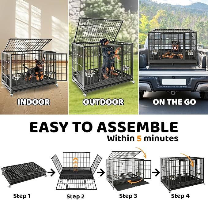 Homey Pet 48 Inch Heavy Duty Dog Crate for Large Dogs, Stackable & Indestructible Dog Cage for High Anxiety Dogs with Four Lockable Wheels, Two Removable Trays, Escape Proof Dog Kennel Indoor