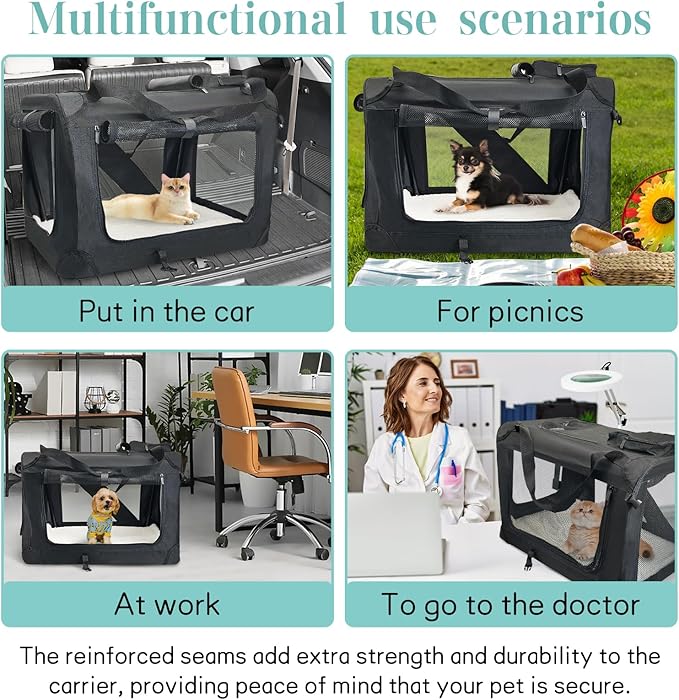 Fhiny Large Cat Carrier for 2 Cats, 24"x17"x17" Soft Dog Crate Collapsible Portable Travel Pet Carrier Bag Durable Breathable Foldable Kitten Carrier Bag for Cats Puppy Under 45 Lbs Black