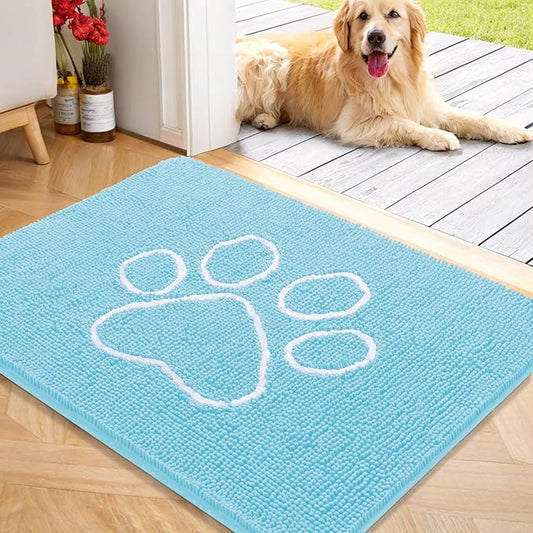 OLANLY Dog Door Mat for Muddy Paws 40x32, Paw Print Design, Absorbs Moisture and Dirt, Absorbent Non-Slip Washable Doormat, Quick Dry Chenille Mud Mat for Dogs, Entry Indoor Entryway Carpet, Blue