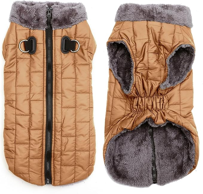 Warm Fleece Dog Coats with Durable Harness Buitl in D-Ring,Waterproof Doggie Jacket for Medium Dogs,Dog Vest for Cold Winter,Burnished Khaki XL