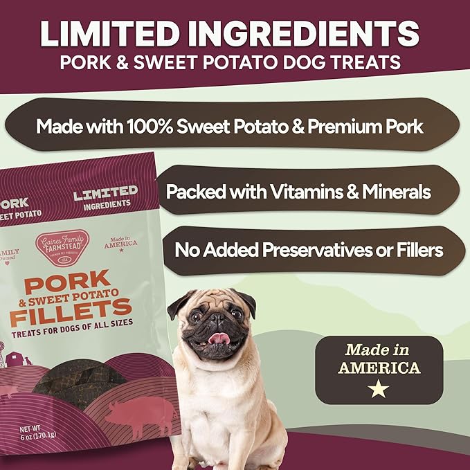Gaines Family Farmstead Sweet Potato & Pork Dog Treats – 6 oz Pouch, Tastes Like Bacon! Chewy, Natural, Grain-Free, Limited Ingredient, Healthy Chews and Training Treats for Dogs, Made in USA