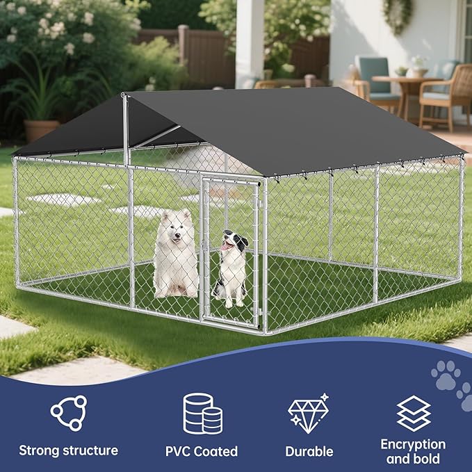 Outdoor Dog Enclosure Heavy Duty Dog Kennel House Mesh Dog Big Cage Pet Kennel Steel Fence with Secure Lock(118”x 118”)