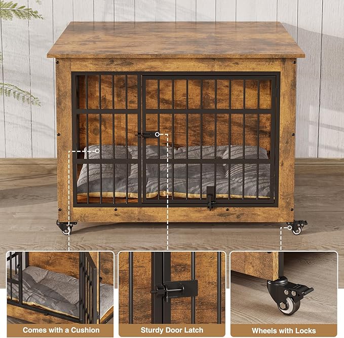 38.5" Dog Crate Furniture with Cushion and Wheels, Wooden Dog Kennel Indoor for Medium/Large Dogs, Farmhouse Pet Cage for Anxiety Dog, Rustic Brown (38.5" L x 25.5" W x 29" H)