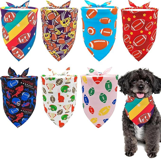 7 PCS Football Dog Bandanas for Small Dogs Stitching Edge Dog Bandana for Puppy Doggy Print One Side Scarves Game Day Grooming S