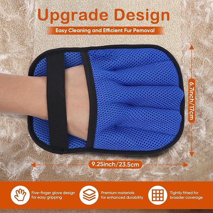 Pet Hair Removal Gloves 2-Pack - Upgraded Five-Finger Electrostatic Cats & Dogs Hair Brush Shedding | Reusable Pet Hair Remover Tool for Laundry, Furniture, Car Seat (Blue)
