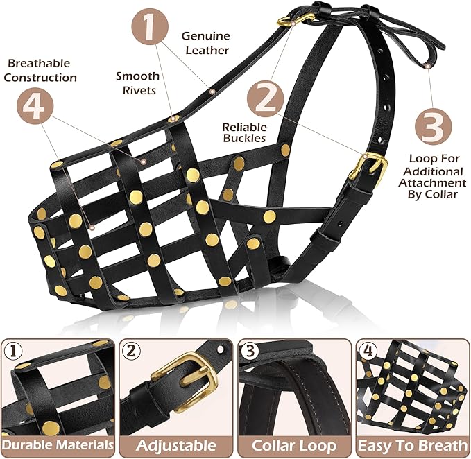 OOPSDOGGY Leather Dog Muzzle for German Shepherd, Leather Breathable Secure Basket Muzzle, Prevents Biting No Chewing Adjustable (Black, Size 7 - German Shepherd (Medium))