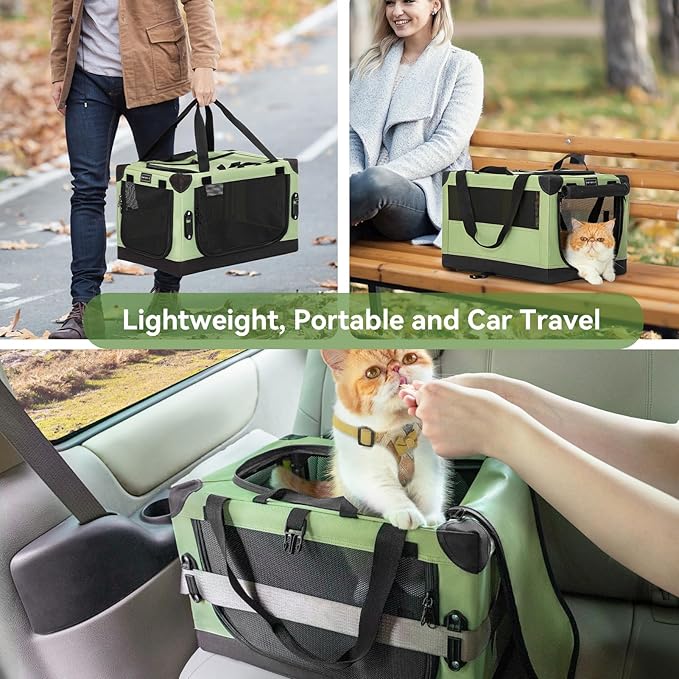 PETSFIT Soft Dog Crate, Dog Car Crate with Safety Belt Attachment Buckles and Thicken Mat, Adjustable Crate Cover, Portable & Collapsible Cat Crate Puppy Carrier Kennel, Green 20 inch