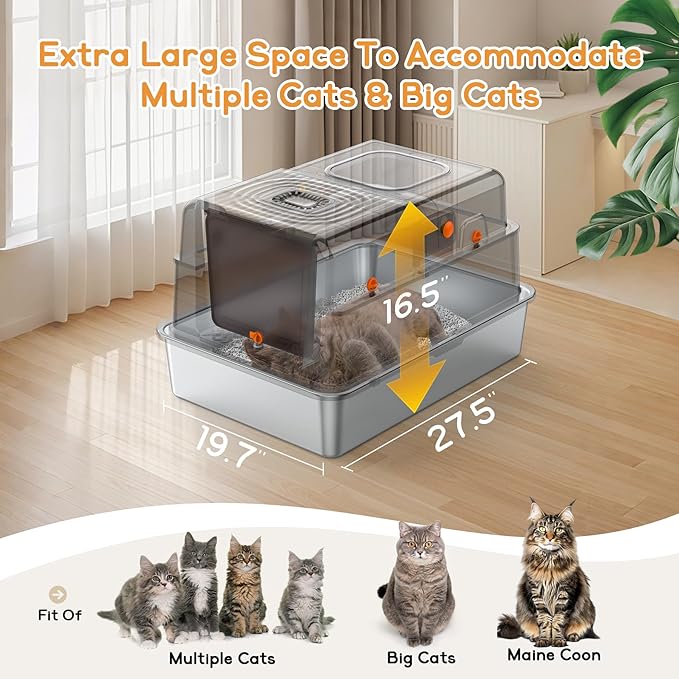 Soulbond XXXL Stainless Steel Litter Box with Lid, Large Covered Metal Cat Litter Box Enclosed for Large and Multi-Cat Families, Easy to Clean