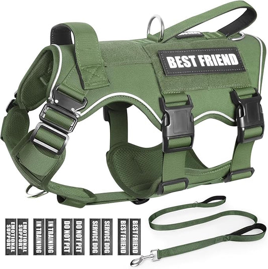 Tactical Service Dog Vest Harness and Leash Set,Heavy Duty Dog Harness with Metal Buckles for Medium Sized Dogs,Adjustable No Pull Pet Vest with Patches for Training Working Hiking,Green M