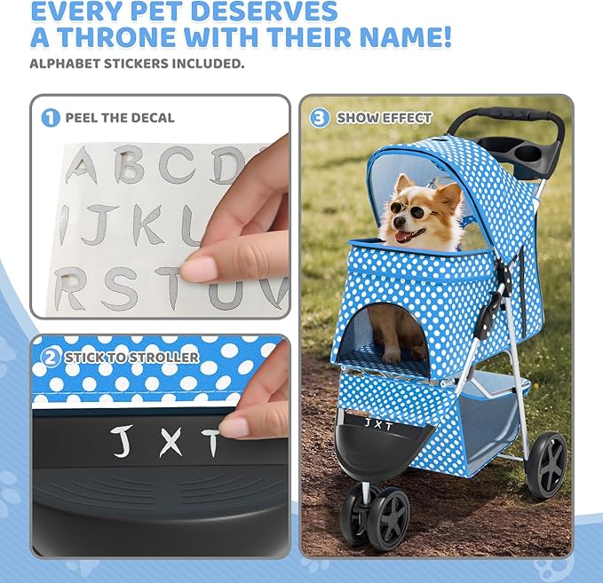 Magshion 3-Wheel Pet Stroller, Foldable Travel Jogger for Small & Medium Dogs & Cats (Up to 33lbs), Lightweight Carrier with Breathable Mesh Cover, Cup Holder & Storage Basket, Sky Blue Polka Dots