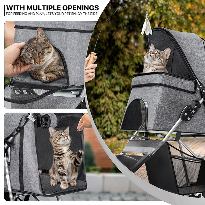 MoNiBloom 3 Wheels Pet Dog Cat Stroller for Small Medium Dogs and Cats, Lightweight Foldable Jogger Stroller w/Storage Basket and Cup Holder, Gray