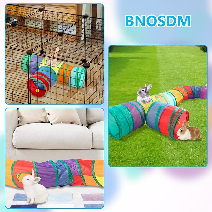 BNOSDM Bunny Tunnel, Collapsible 3 Way and S-Type Rabbit Tunnels Tubes, Small Animal Activity Tunnel Toys with Chew Toys for Indoor Rabbit Bunny Guinea Pigs Ferret Kitten