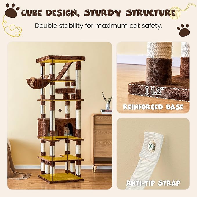 MWPO 74.8 inches Large Cat Tree with Sisal-Covered Scratching Posts & Condo, Tall Cat Tower Entertainment Playground Furniture for Cats & Kittens - Multiple Colors (Brown)