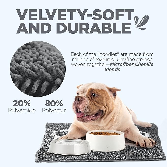 Soggy Doggy Slopmat - Water Absorbing Door Mat for Food and Water - Microfiber Chenille Rug for Muddy Paws and Messy Eaters - Machine Washable (Gray/Light Gray Bone, 18” x 24″)