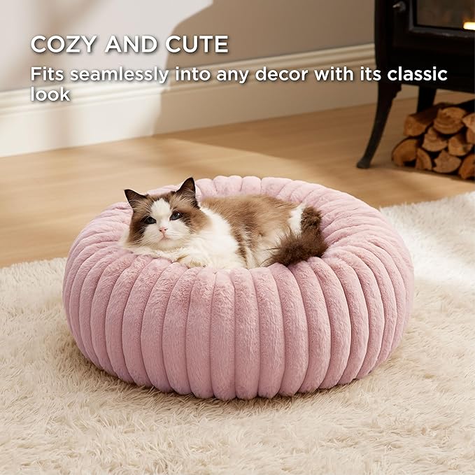 Bedsure Cat beds for Indoor Cats - Donut Dog Beds for Small Dogs with Corduroy Fleece & Anti Slip Bottom, Faux Fur Pet Beds with Washable Removable Cover, Blush Pink, 20x20x6 inches