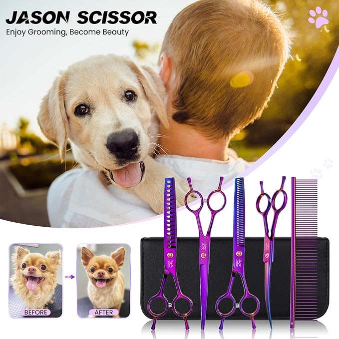 JASON Dog Grooming Scissors Kit, Professional 6 in 1 Dog Scissors Sharp Shears Set - Straight, Thinning, Chunker, Curved Shears and Comb for Long Short Hair for Dog Cat Pet