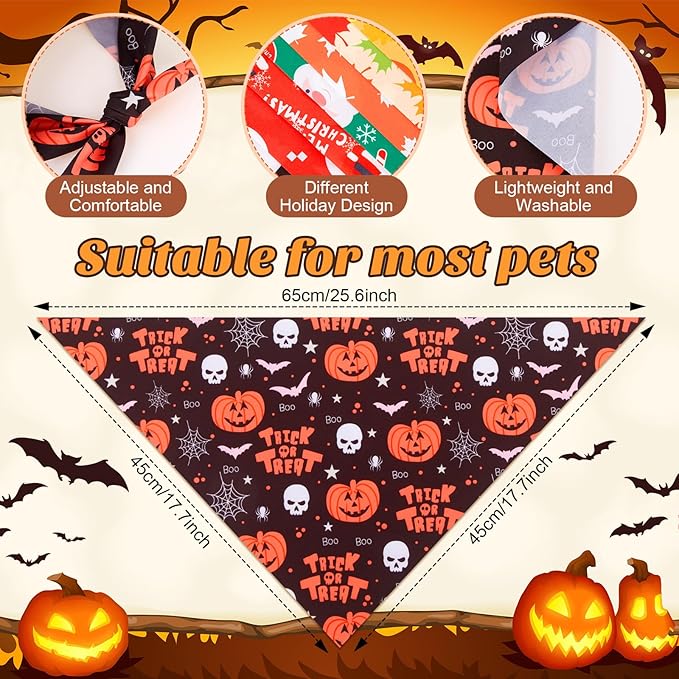 Chunful 120 Pcs Holiday Dog Bandanas Bulk for Fall Thanksgiving Halloween Christmas with Maple Leaf Pumpkin Ghost Snowman Adjustable Triangle Pet Scarf for Small Medium Large (25.6x17.7x17.7 in)