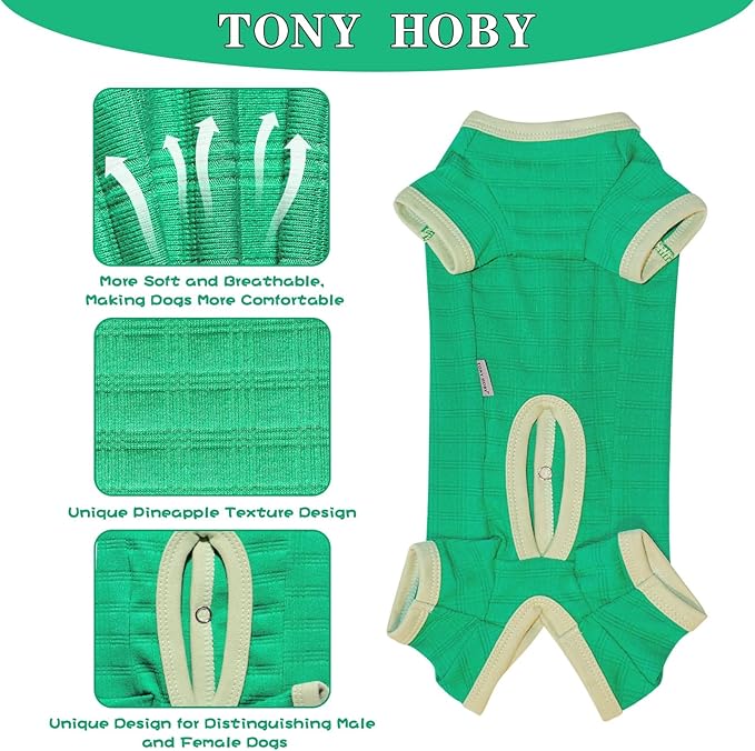 TONY HOBY Dog Pajamas, Dog Recovery Suit After Surgery, Soft Dogs Dogs Jumpsuit Shirts for Small Medium Dogs (Green, Boy, S)