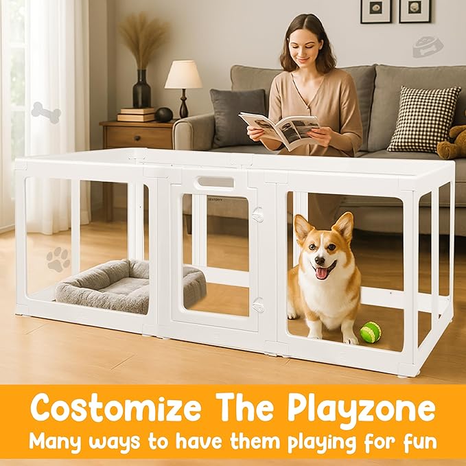 Transparent Indoor Dog Playpen with Safety Lock, Indoor Dog Fence for Small & Medium Pets | Secure, Stylish, Easy Clean Play Pen for Dogs & Pets with Scratch Resistant Panels (White, 10 Panel)