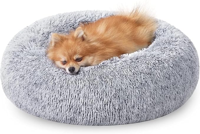 JOLLYVOGUE Small Dog & Cat Beds for Indoor Cats, Donut Cuddler Warming Soft Dog Beds with Anti-Slip Bottom, Round Calming Fluffy Plush Faux Fur Cushion Bed for Small Medium Dogs (20", Smoke Grey)