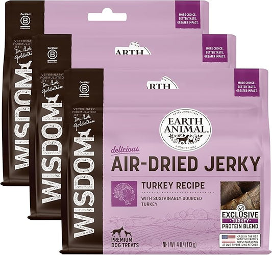Earth Animal Wisdom Air-Dried Jerky Turkey Recipe Dog Treats - Dog Snacks Premium Natural Turkey Jerky Strips 4 oz - Made in The USA (Pack of 3)