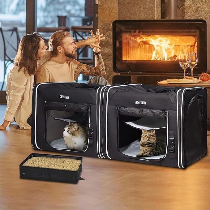 Petskd Portable Double Cat Carrier with Litter Box for Multiple Cats 2in1 Car Travel Carriers 36x17x17in Dual Large Cat Carrier with Safety Locking Zippers for Long Distance Travel