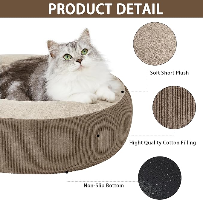 Calming Cat Bed with Anti-Slip Bottom, Washable Removable Round Cozy Donut Pet Bed for Indoor Cats, Small Dogs, Kittens & Puppies 20”x20”x6”