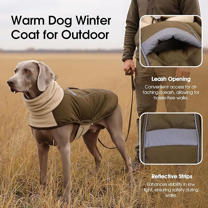ASENKU Dog Coat, Dog Winter Jackets with Fleece Turtleneck, Windproof, Reflective Pet Snow Jacket for Cold Weather, Coats for Large Dogs, Army Green, XL