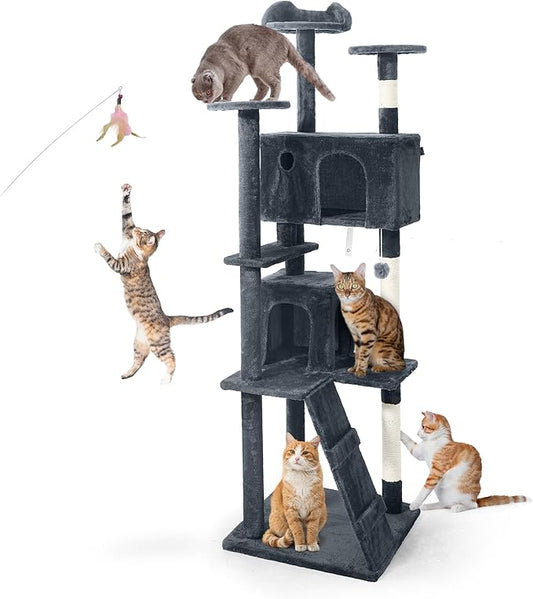 CAPHAUS Cat Tower for Indoor w/Cat Wand Toy, Modern Cute 74-Inch Cat Tree w/Widened Perch for Large Cats Kittens, Multi-Level Cat Activity Tree w/Scratching Posts, Tunnel, Basket, Cat Cave Condo