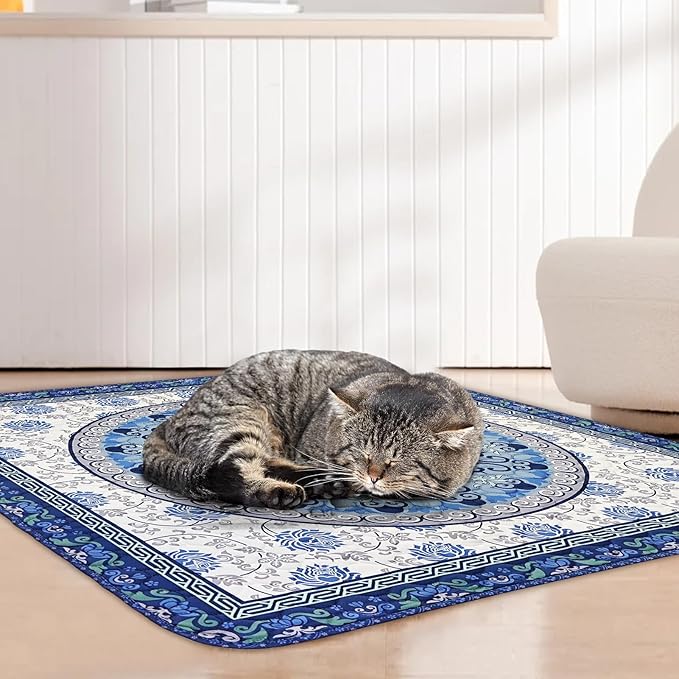 Cat Litter Mat, Reusable Kitty Litter Trapping Mat 2 PCs, 35"x35" Washable Litter Mats for Cats, Waterproof & Non-Slip Compatible with Cat Box (Indigo Blue Medallion, 35"x35"(2 PCS))
