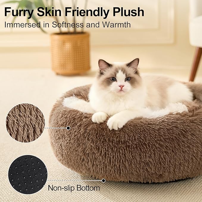 Calming Dog Beds & Cat Cave Bed with Hooded Cover,Removable Washable Round Beds for Small Medium Pets,Anti-Slip Faux Fur Fluffy Coved Bed for Improved Sleep,Fits up to 15/25 lbs(Khaki,S)