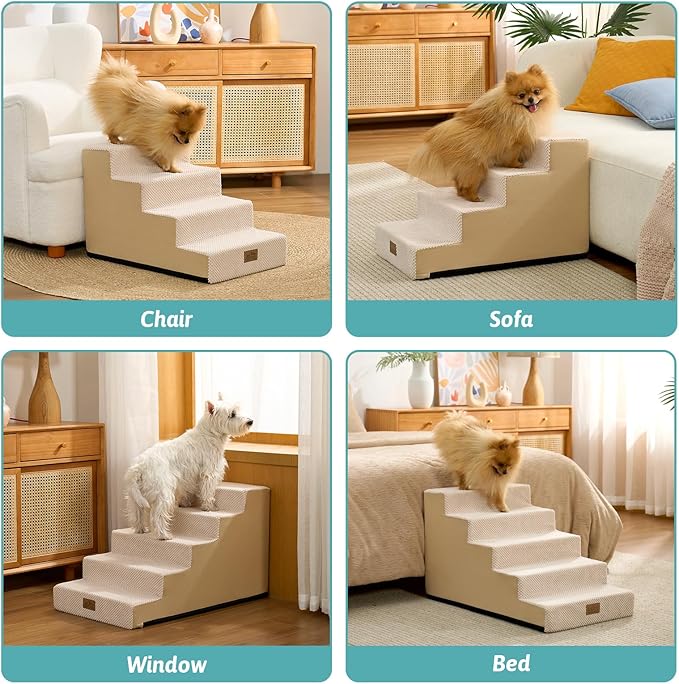 Slope Dog Stairs for Small Dogs 17.7" H, Pet Steps for Bed, Couch with Certified Foam, Non-Slip Dog Ramp Ladder for Puppy Older Cats, 5 Step, Beige