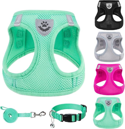 PUPTECK Adjustable Dog Harness Collar and Leash Set Step in No Pull Pet Harness for Small Medium Dogs Puppy and Cats Outdoor Walking Running, Soft Mesh Padded Reflective Vest Harnesses, Solid Green L