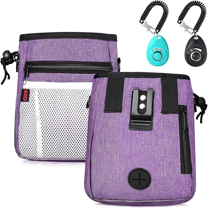 Dog Treat Pouch - 3 Ways to Wear Treat Pouches for Pet Training and 2 Pieces Clicker Taining for Dogs, Dog Training Treat Pouch Bag and Dog Clicker for Training with Waist Belt Shoulder Strap - Purple