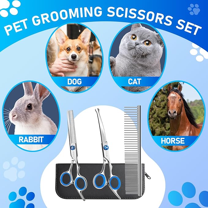 Professional 4 in 1 Dog Grooming Scissors Kit with Safety Round Tips, Sharp and Durable Pet Grooming Shears for Dogs and Cats.