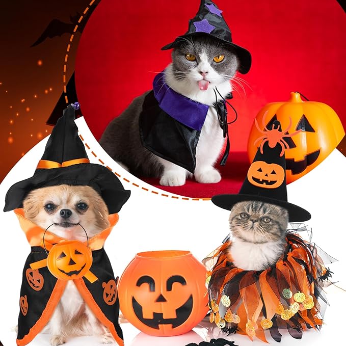 6 Pcs Halloween Pet Costume Cat Witch Halloween Costume Wizard Cat Clothes Cloak with Tutu Collar and Hat for Small Kitten Dogs Cosplay Party Decor