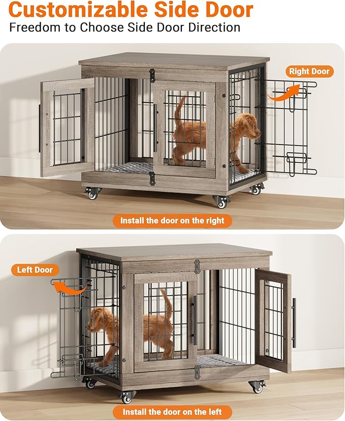Dog Crate Furniture with Cushion, Wooden Dog Kennel Indoor with Double Doors, Dog Cage with Wheels, Dog House Side End Table for Small Dogs up to 30 lb, 27.2" L, Grey