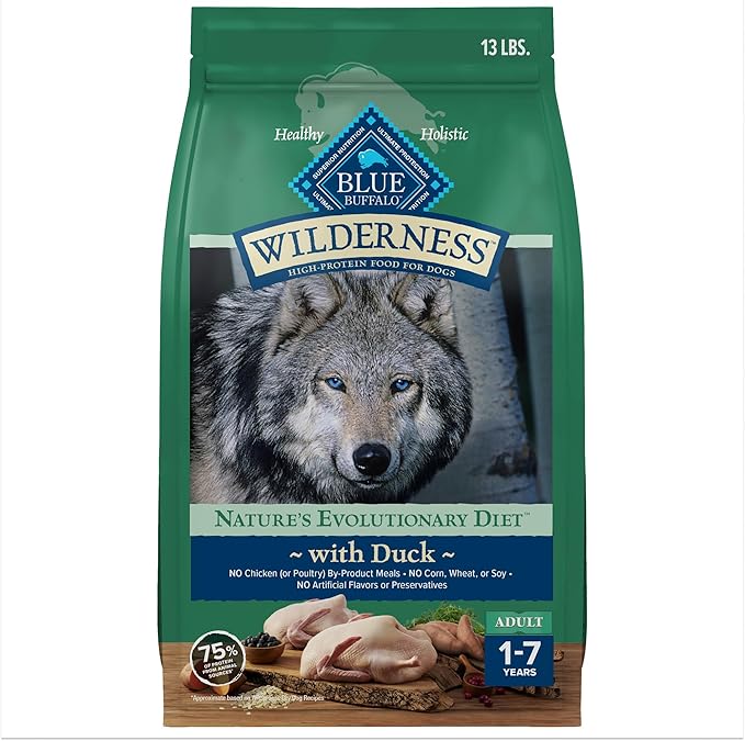 Blue Buffalo Wilderness Natural High-Protein Dry Food for Adult Dogs, WITH WHOLESOME GRAINS, Duck, 13-lb Bag