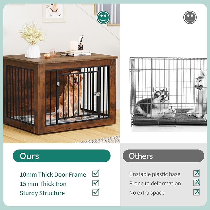 YITAHOME 43.7" L Dog Crate Furniture for Large Dog, 2-in-1 Iron-Wood Fusion Modern Dogs Kennel Indoor up to 80 lb, Side End Table, Adjustable feet, Waterproof Top, Safety Corners, Rustic Brown