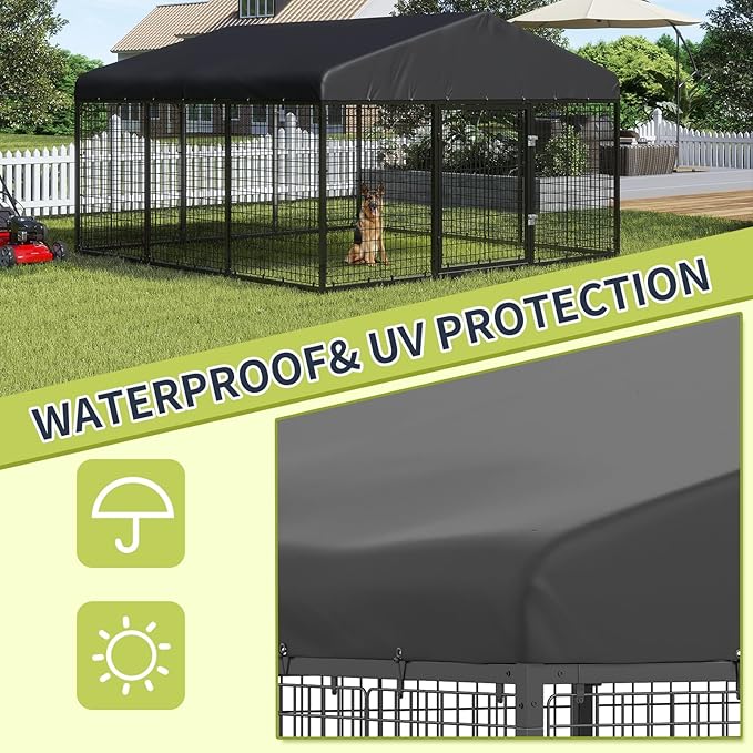 Large Outdoor Dog Enclosure,Heavy Duty Dog Cage with Roof,Galvanized Steel Dog Kennel Fence with Double Safety Locks(6.56'x 6.56')