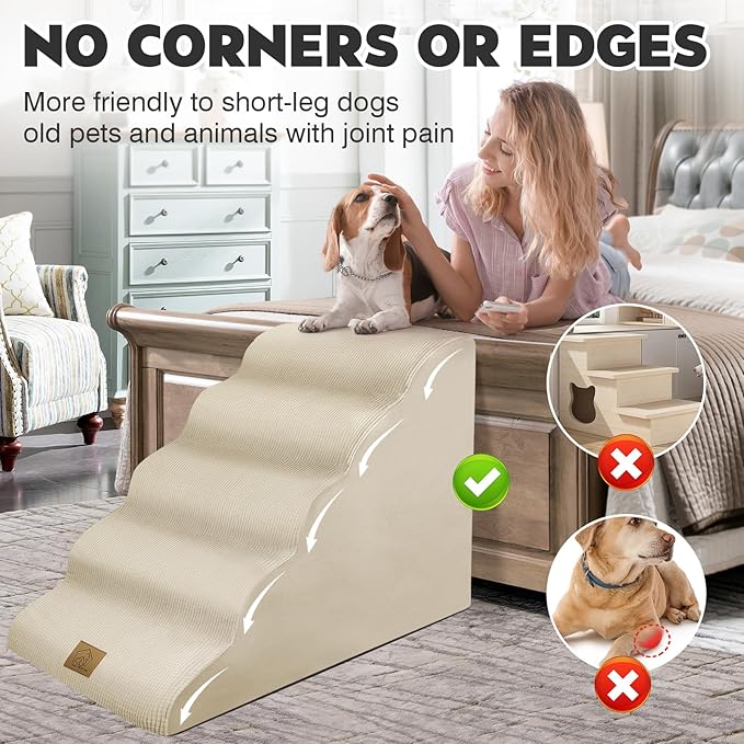 Mestuel 23in High Dogs Stairs, F Stairs for High Bed,5 Steps Ramp to High Couch Sofa Bed Indoor with Gentle Slope& Nonslip Bottom, Lint Roller Set, Beige