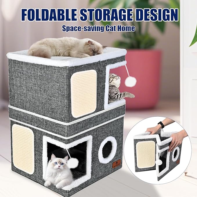 2-Story Cat House for Indoor Cats, Dual-Purpose Cave Bed with Scratch Pad and Fluffy Ball, Foldable Cat Hideaway, Cute Condo Furniture for Multi Small Pet Kitten, Grey