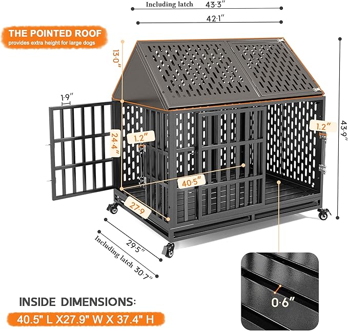 42 Inch Heavy Duty Dog Crate with Self-Locking Latch for High Anxiety Dogs, Indestructible Large Kennel Indoor with Pointed Roof, Removable Trays and Lockable Wheels, Chew Proof Cage